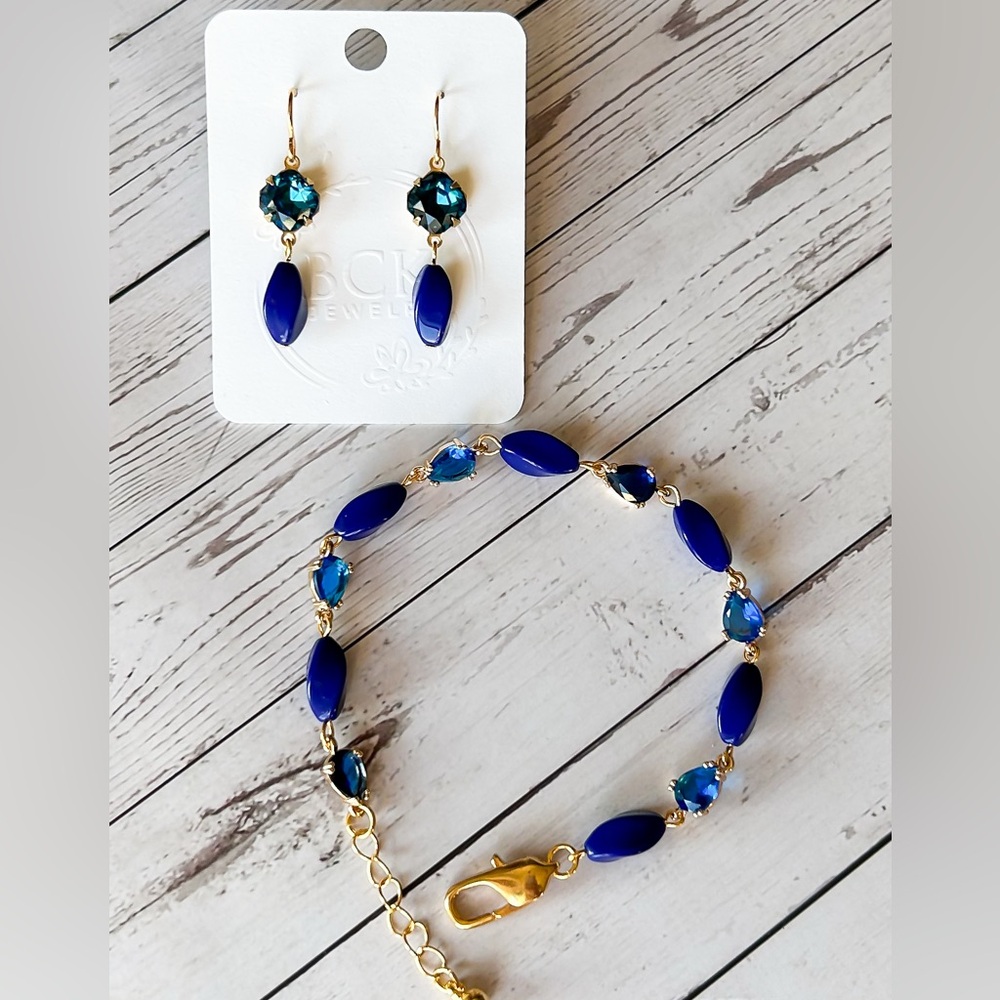 Blue glass and rhinestone Jewelry Set, gold tone, bracelet and earring set, gift
